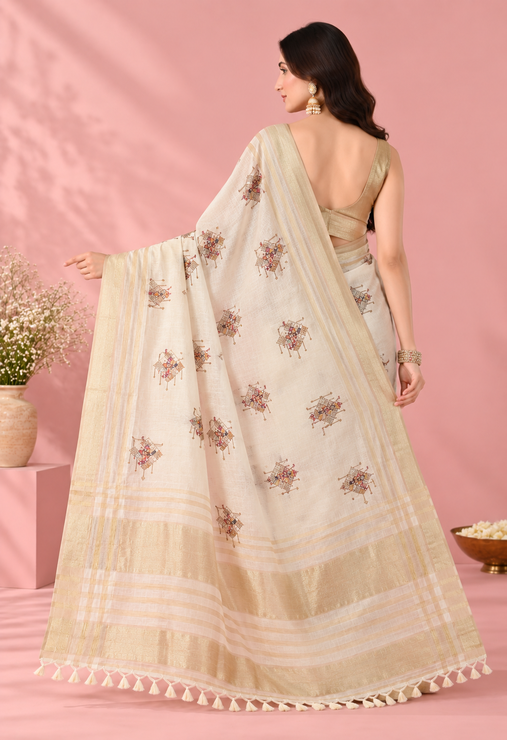 Elegant Ivory Printed Saree with Floral Motifs, Gold Border & Tassel Pallu