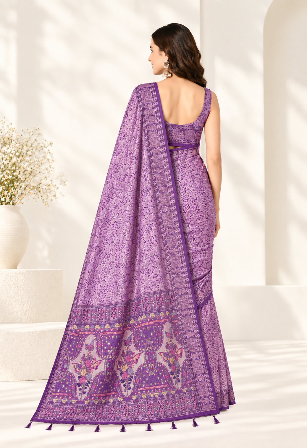 Elegant Purple Silk Blend Saree with Traditional Printed Pallu