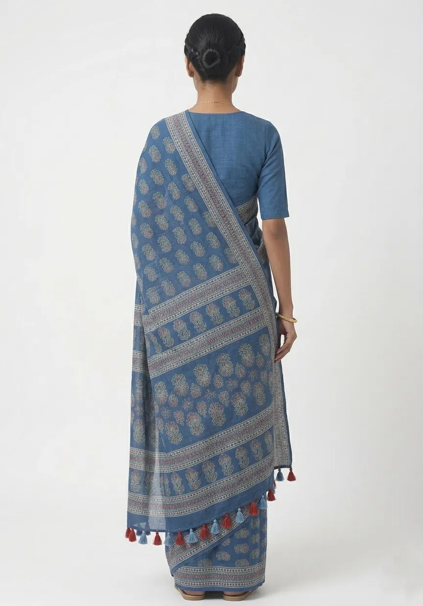 Indigo Blue Floral Printed Pure Cotton Saree with Tassels