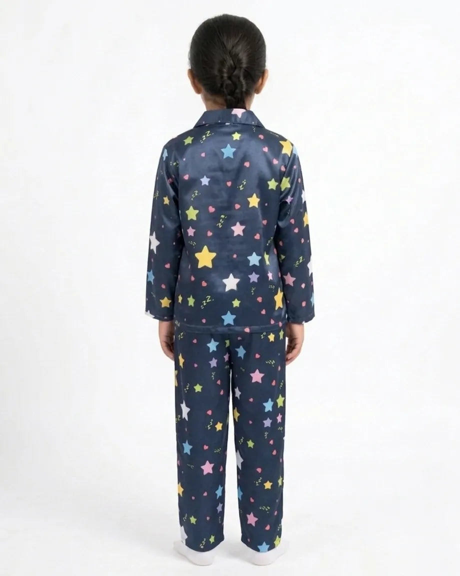 Girls Navy Blue & Multi-Colored Star Print Satin Night Suit
