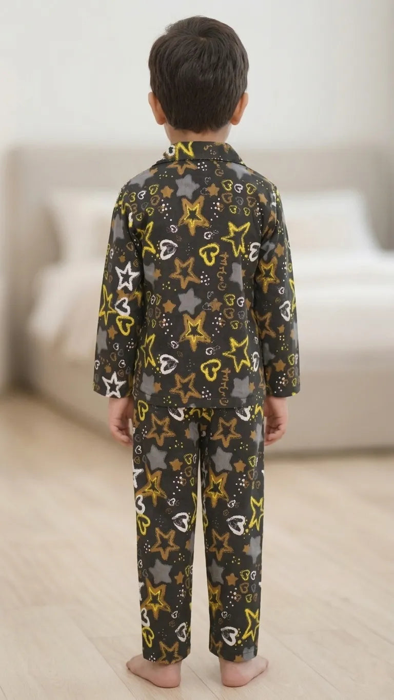 Boys Black & Yellow Star Printed Pure Cotton Night Suit
