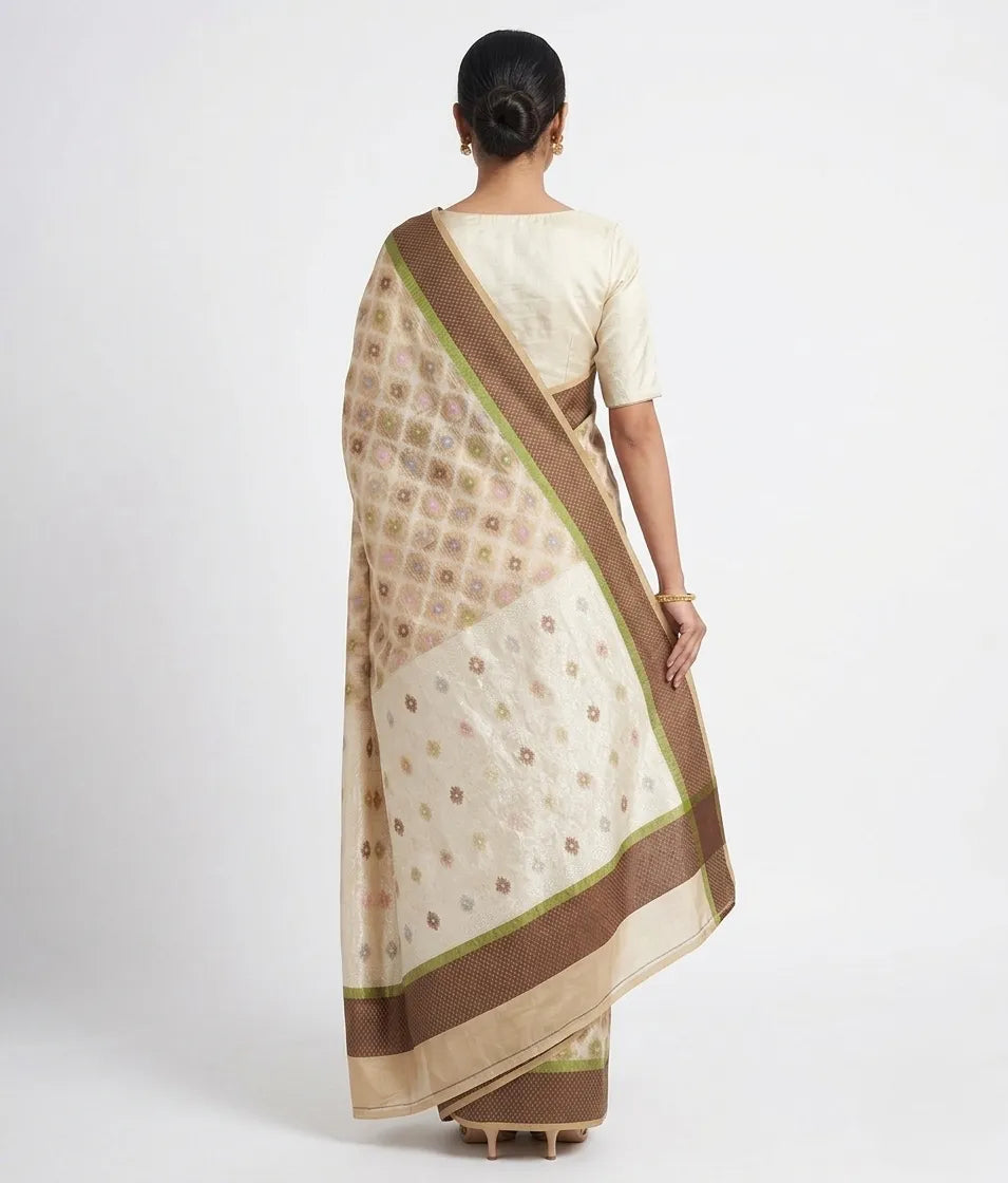 Women Beige & Brown Geometric Printed Chanderi Silk Saree with Unstitched Blouse