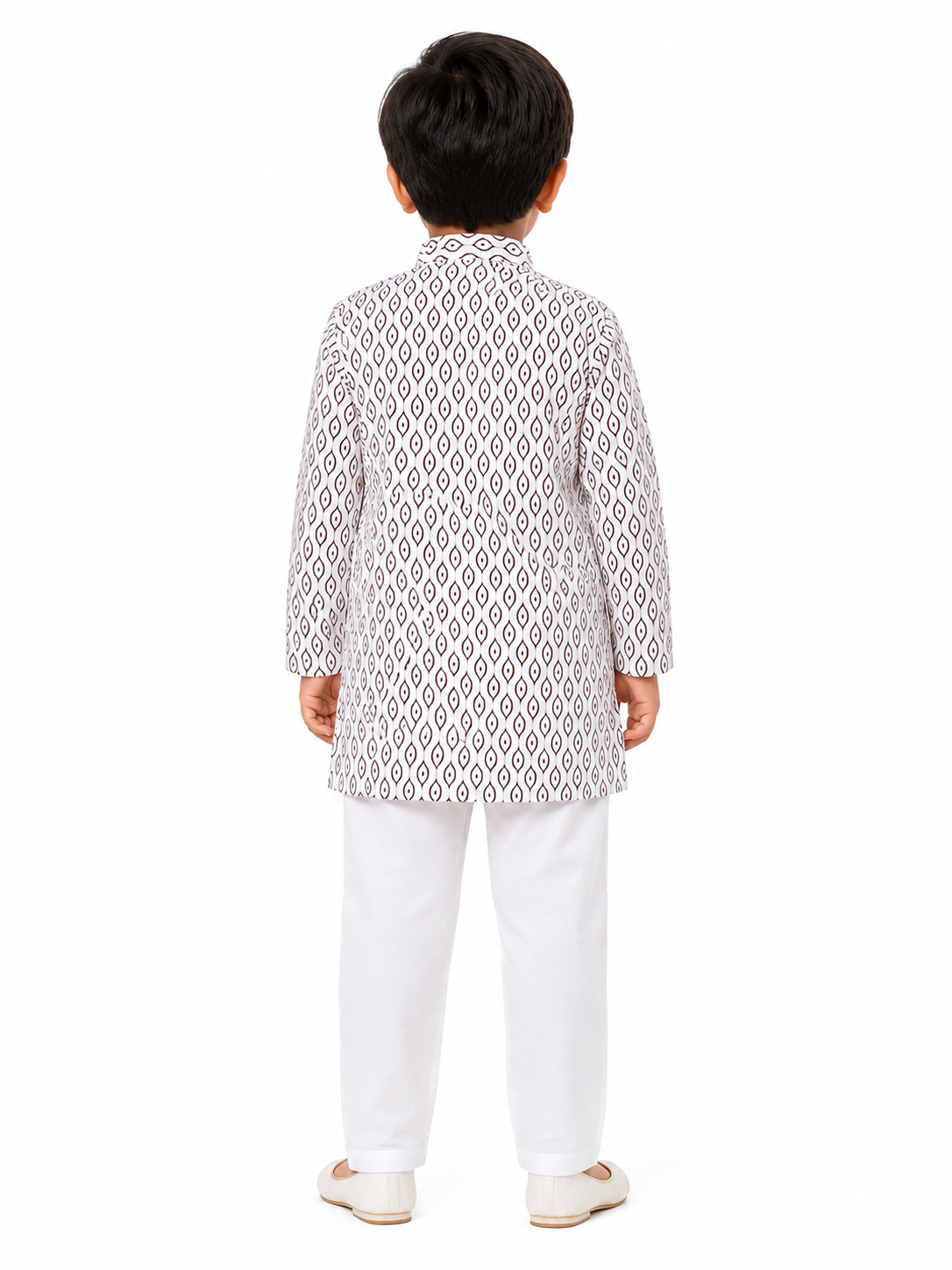 Boys Off-White Geometric Leaf Print Cotton Kurta with Pyjama Set