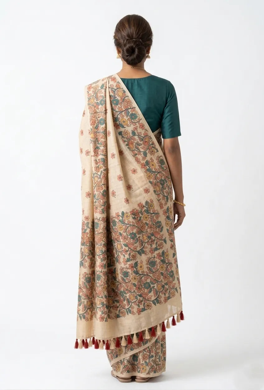 Beige Cotton Kalamkari Inspired Floral Printed Saree