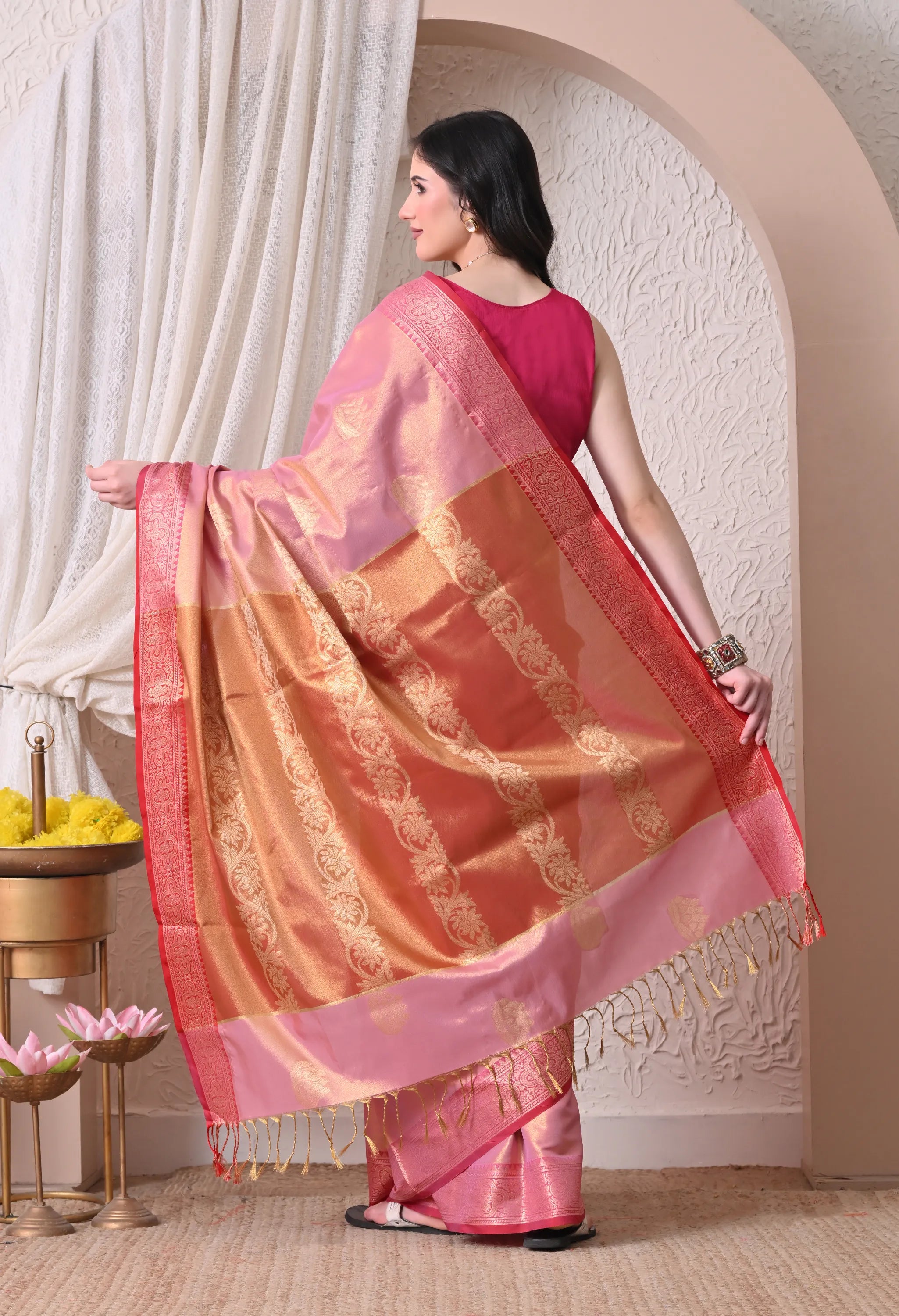 Enchanting Pink Silk Blend Saree with Golden Zari Motifs and Rich Pallu