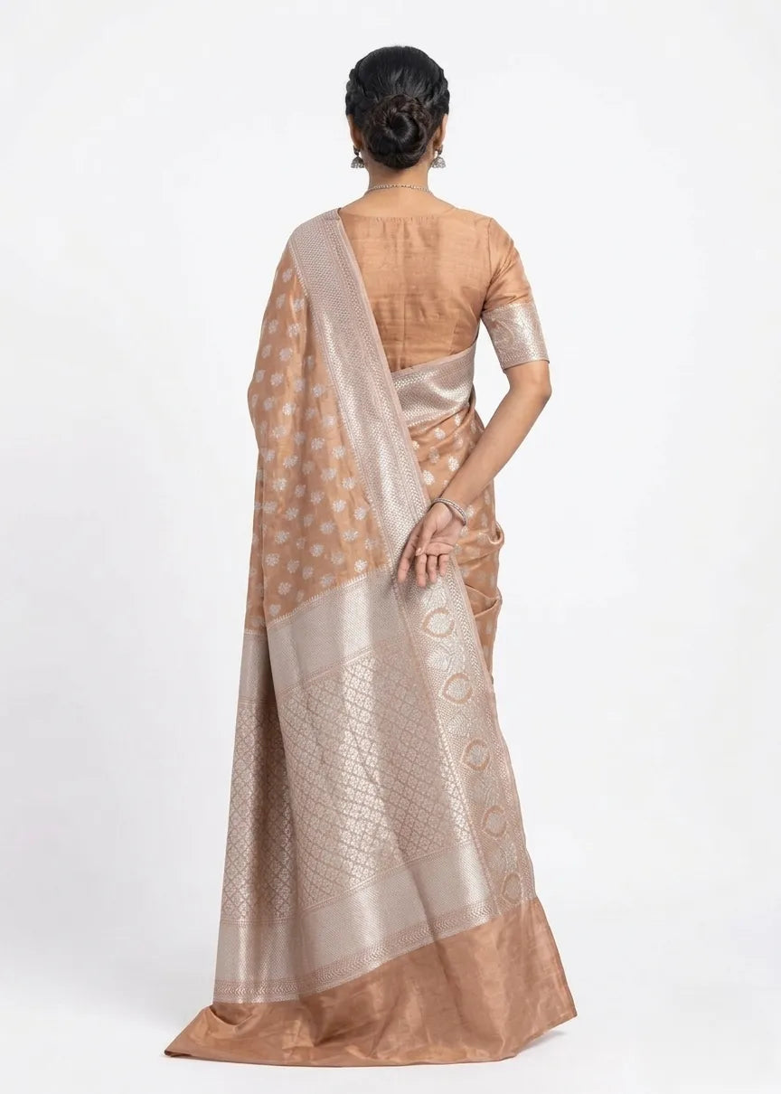Peach-Coloured & Silver-Toned Silk Blend Zari Banarasi Saree