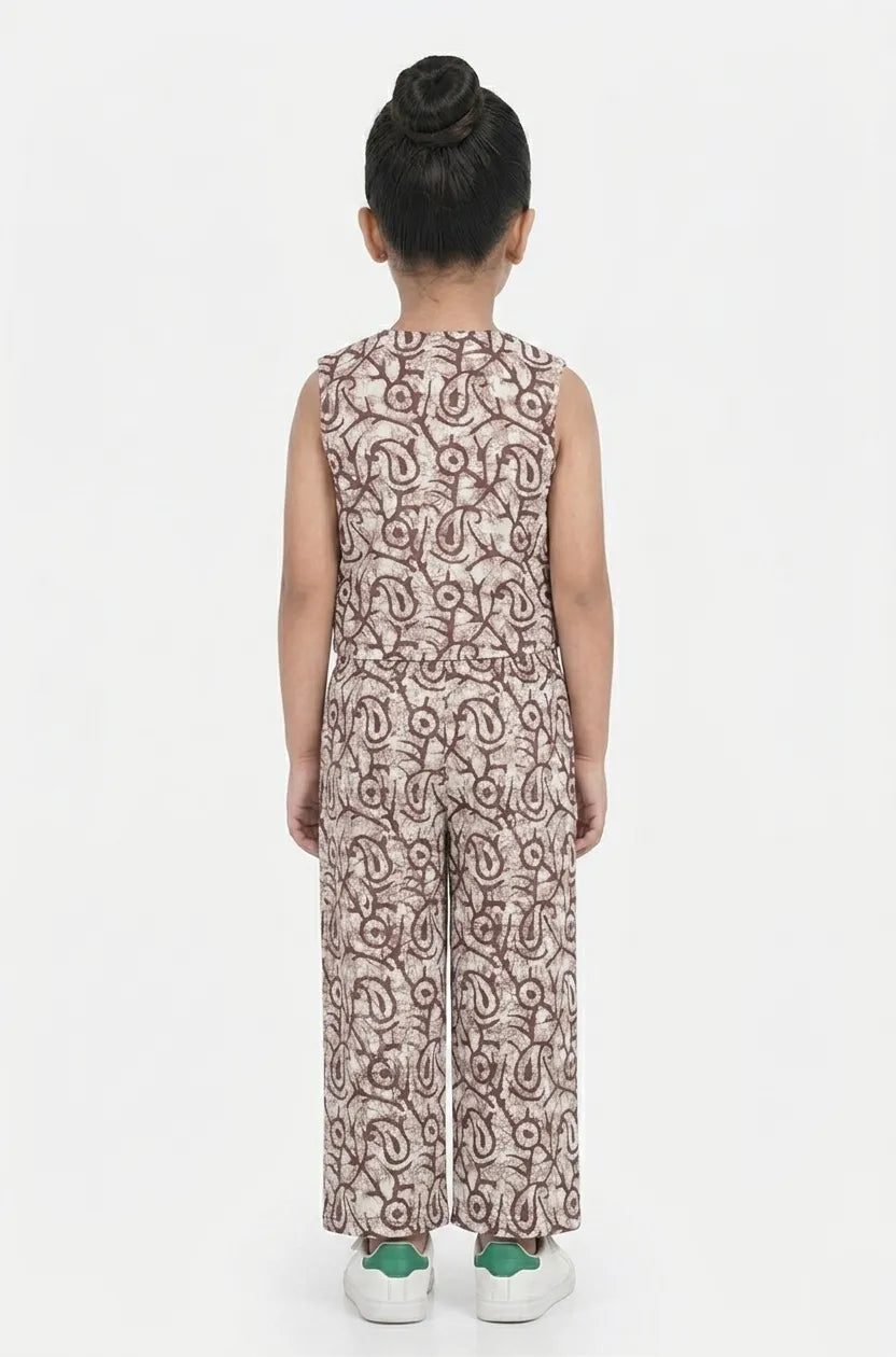 Girls Brown & White Printed Pure Cotton V-Neck Co-ord Set