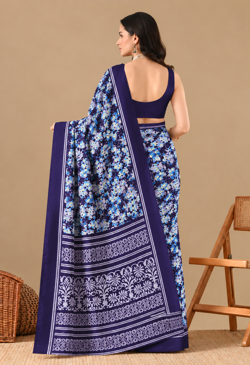 Navy Blue Floral Printed Georgette Saree