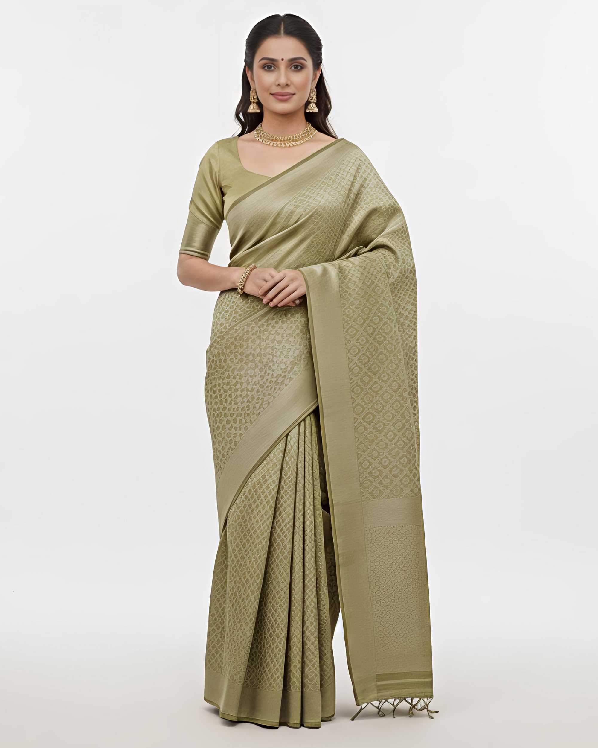 Women Olive Green & Gold-Toned Silk Blend Woven Design Banarasi Saree