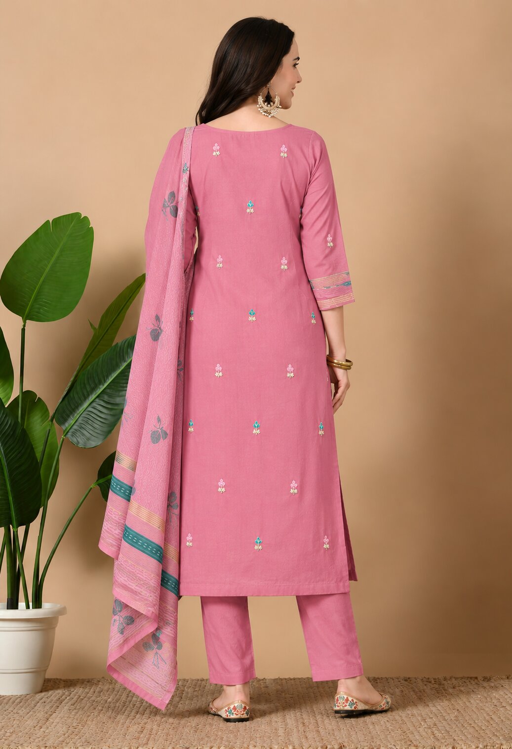 Pink Chanderi Silk Embroidered Suit Set with Organza Dupatta