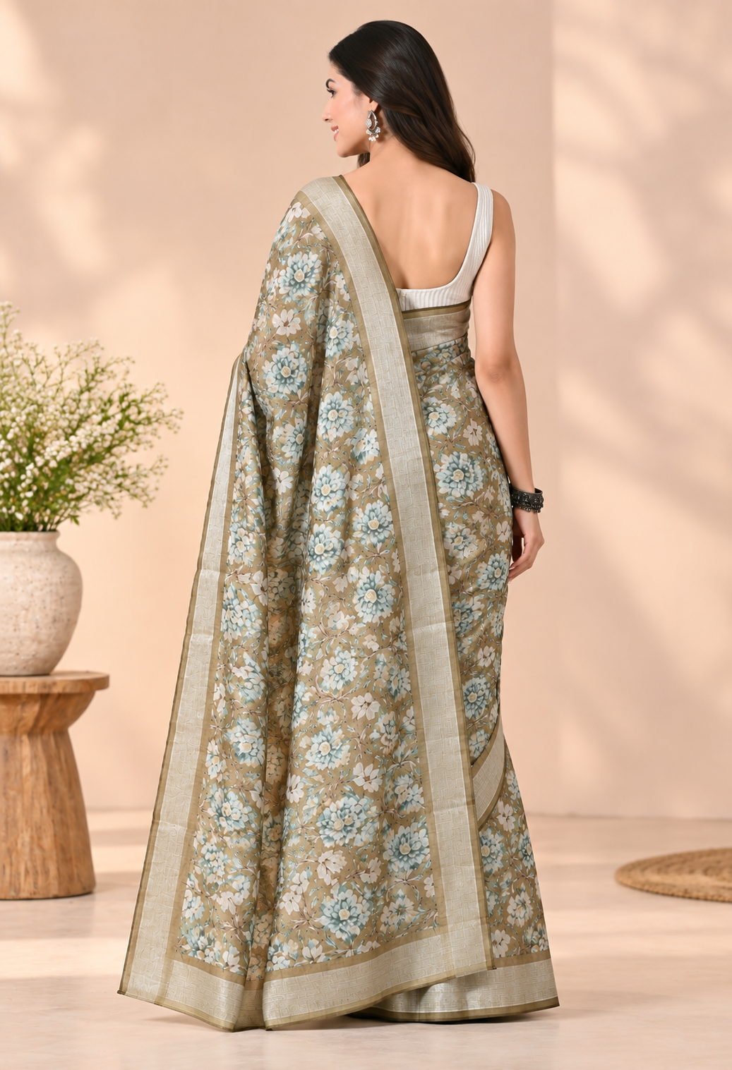 Elegant Olive Green Floral Printed Saree with Antique Gold Border