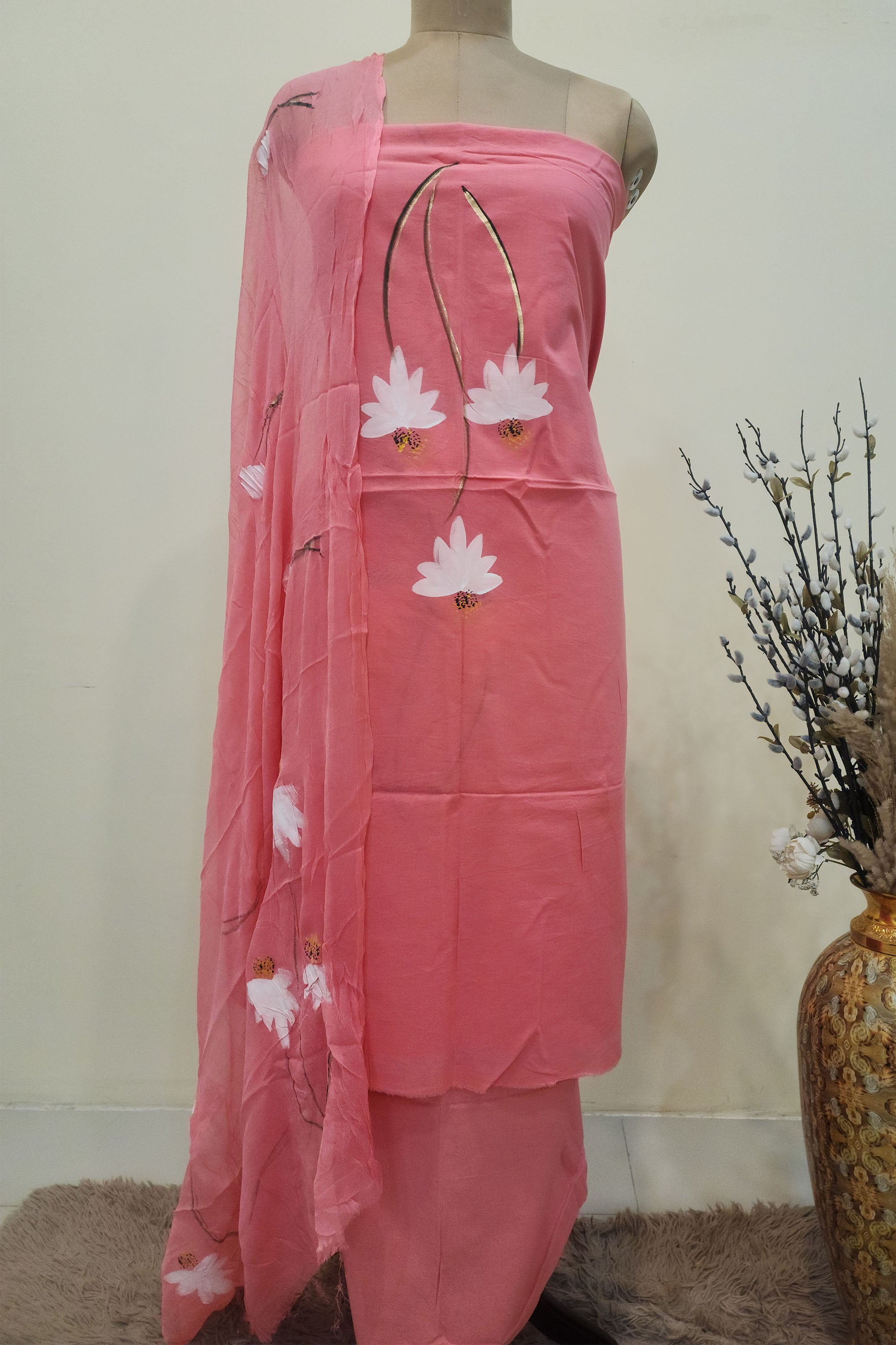 Women Peach-Pink Hand-Painted Pure Cotton Unstitched Dress Material with Chiffon Dupatta