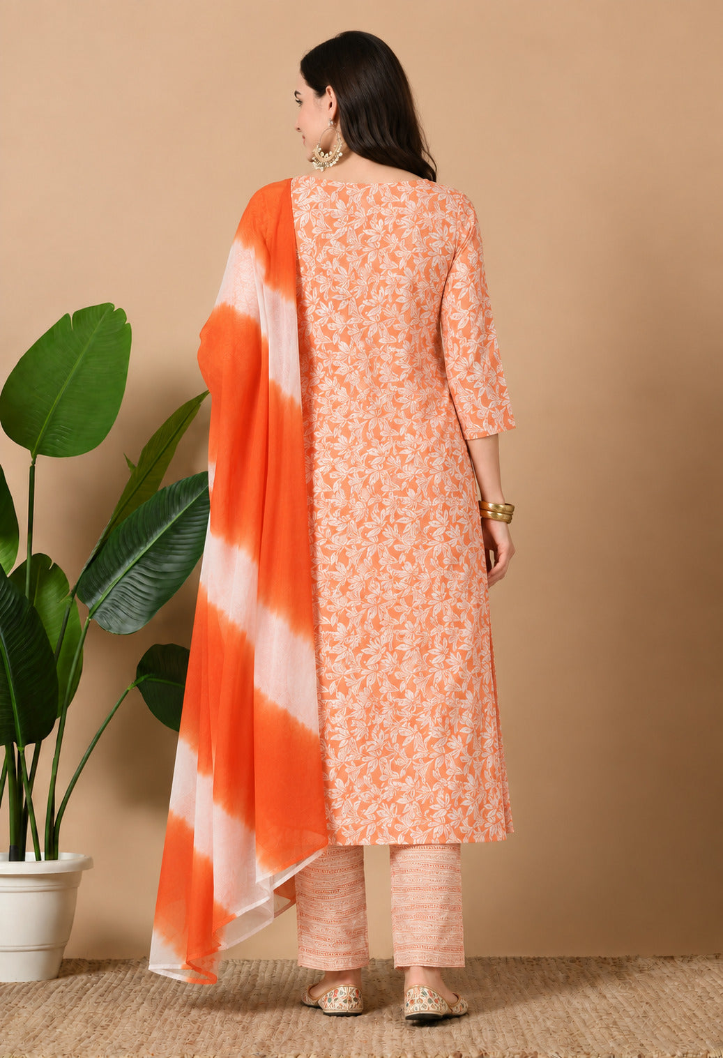 Women’s Orange and White Floral Printed Cotton Suit Set with Dupatta