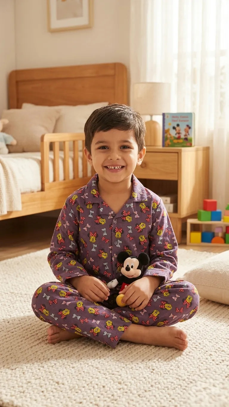 Kids Mauve & Yellow Character Print Night Suit