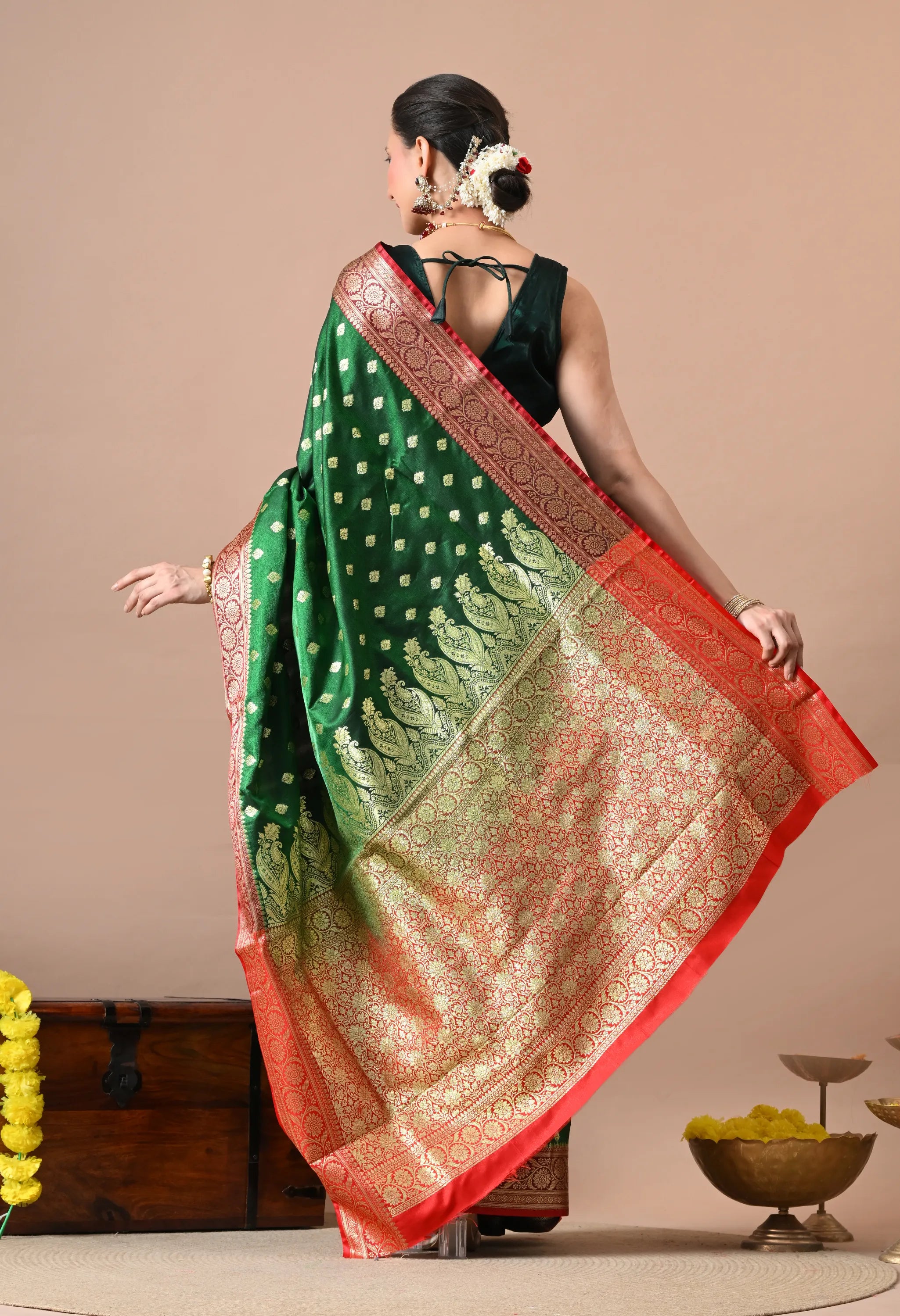 Green & Red Zari Woven Silk Blend Banarasi Saree