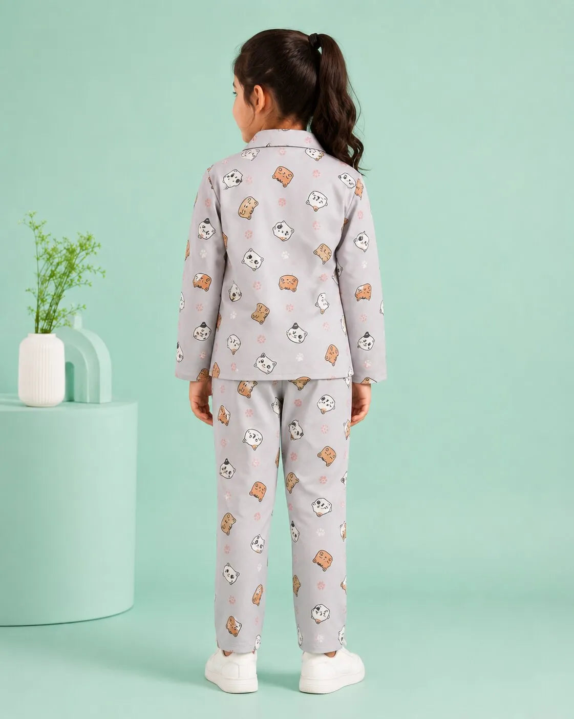 Girls Grey & Orange Cat Printed Satin Night Suit