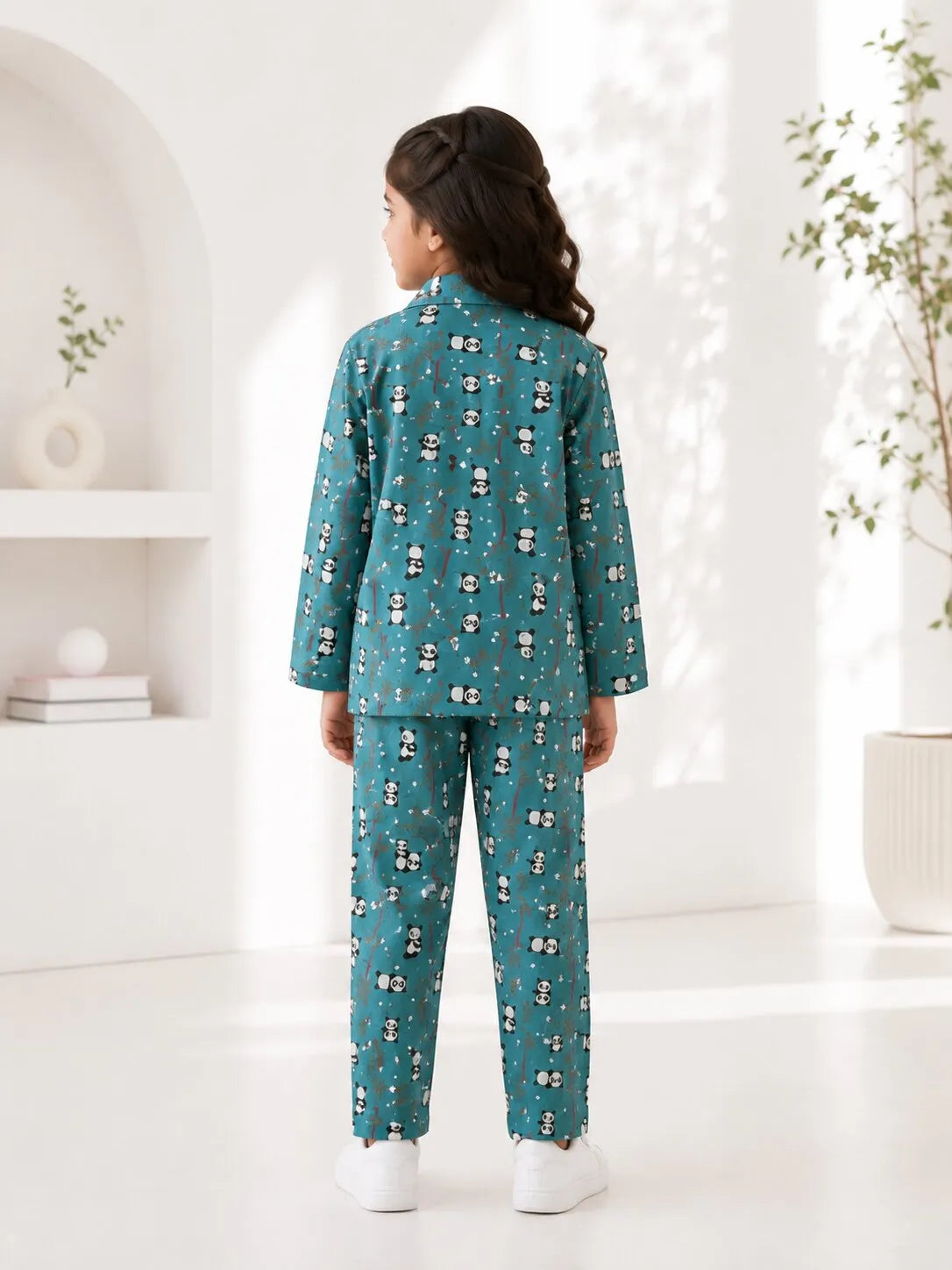Girls Blue Panda Printed Satin Night Suit