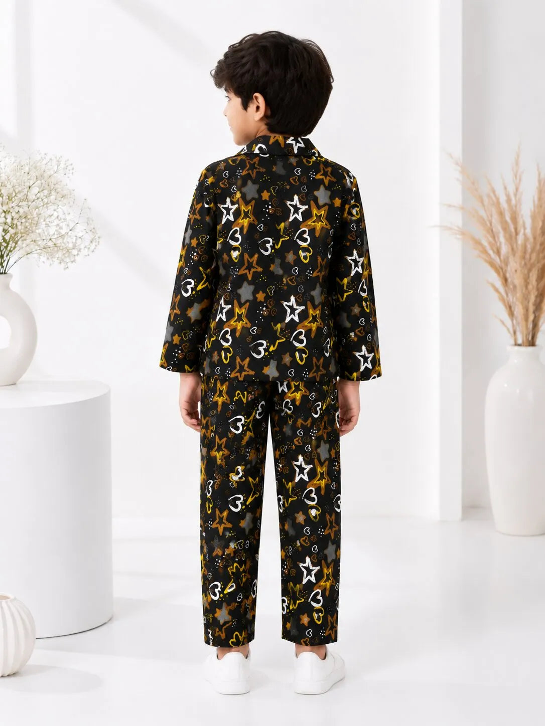 Boys Black & Yellow Star Printed Pure Cotton Night Suit