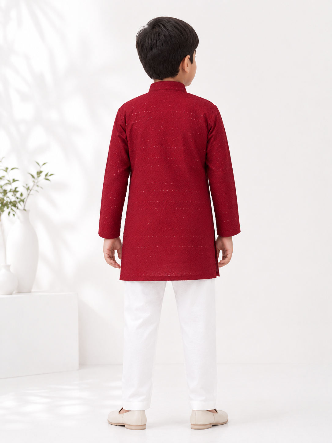 Boys Maroon Chikankari & Sequined Pure Cotton Kurta with Pyjama Set