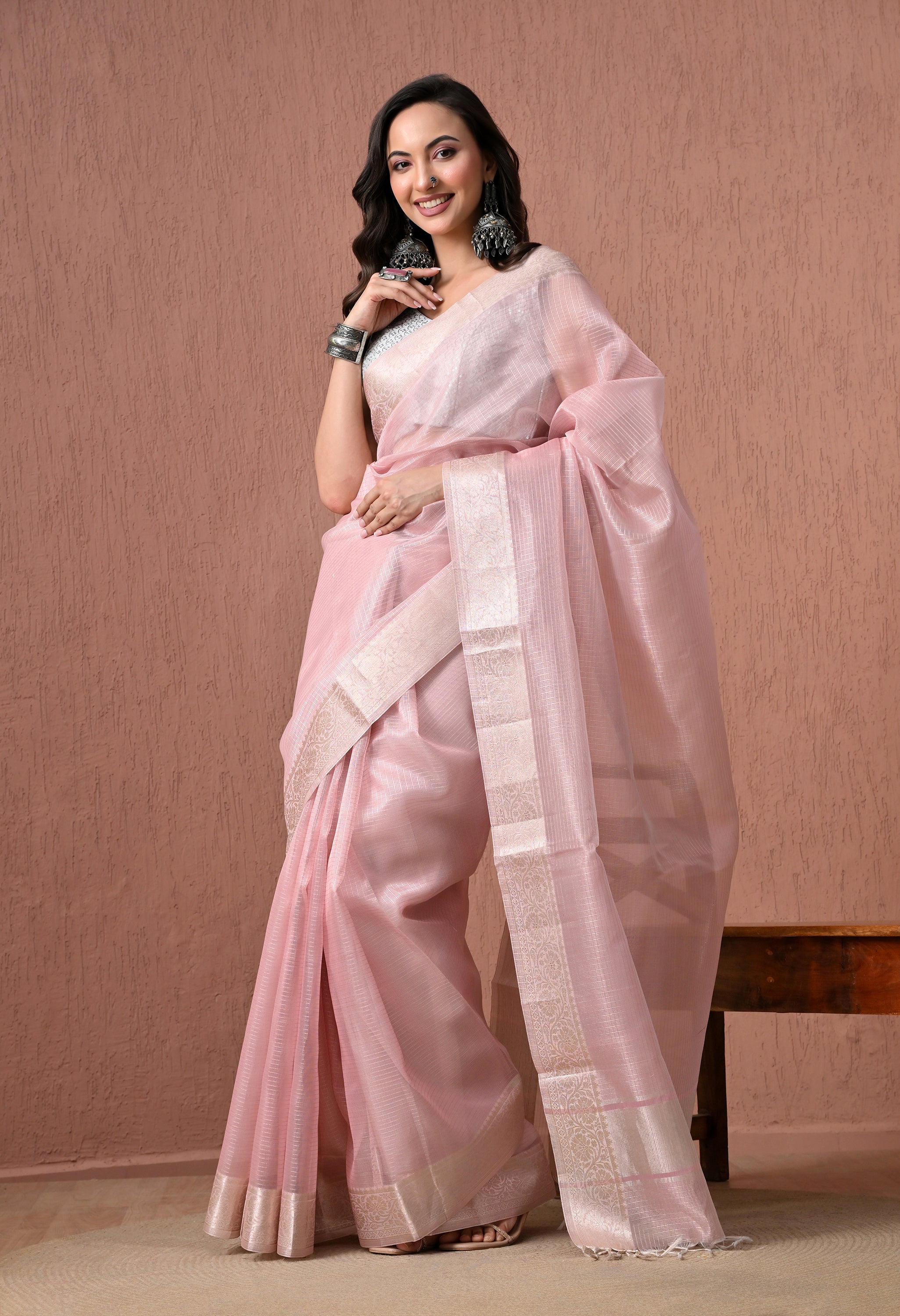 Elegant Pastel Pink Pure Cotton Saree with Zari Border
