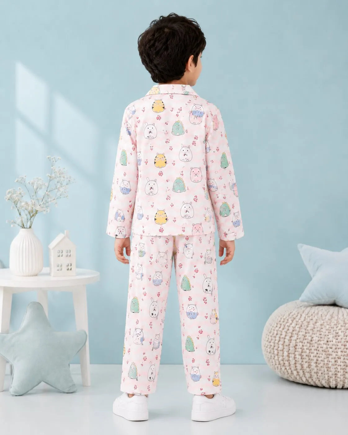 Boys' Whimsical Animal & Wave Print Premium Satin Night Suit – Full Sleeve Shirt & Pajama Set