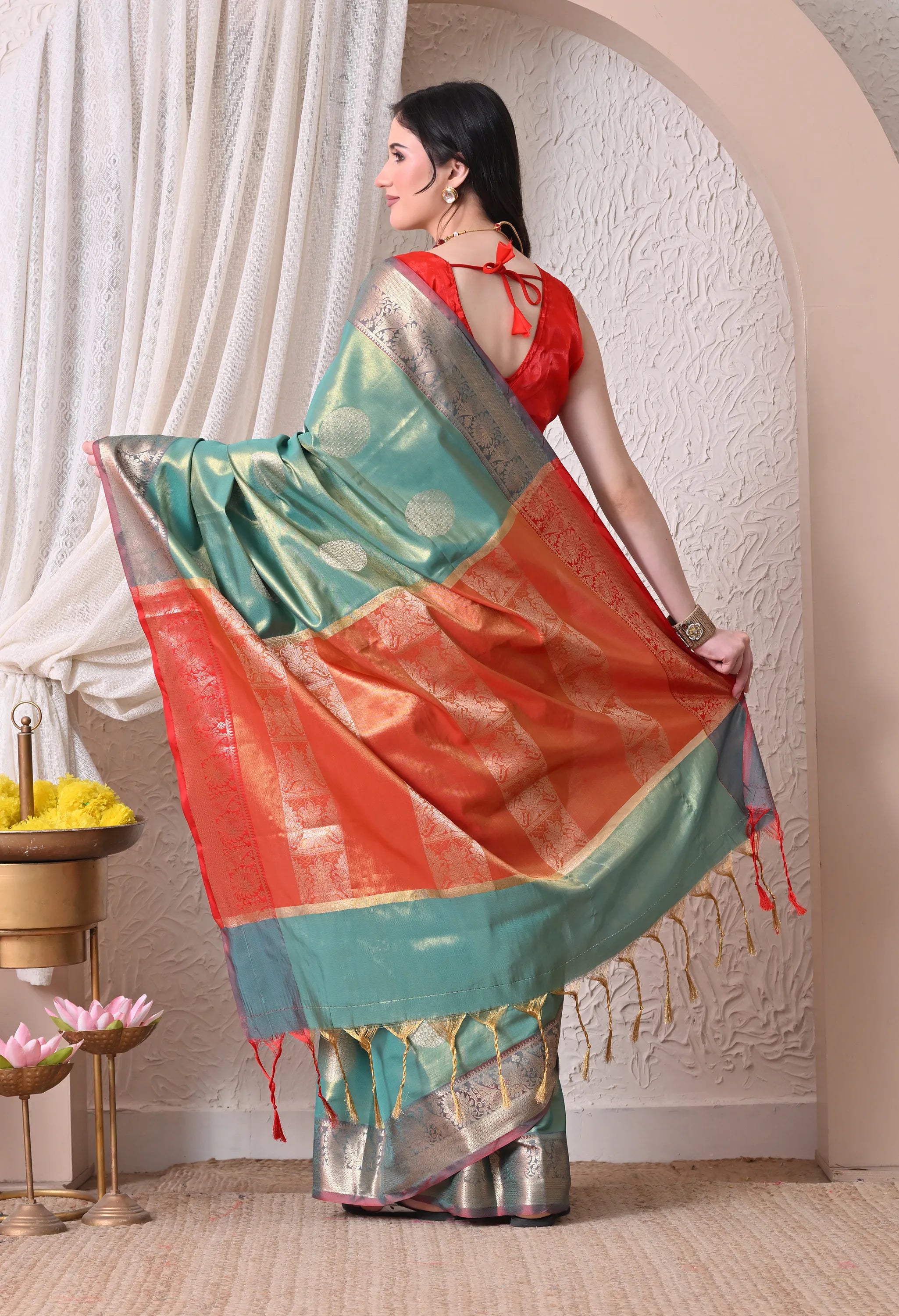 Silk Blend Saree in Seafoam Green & Coral Red