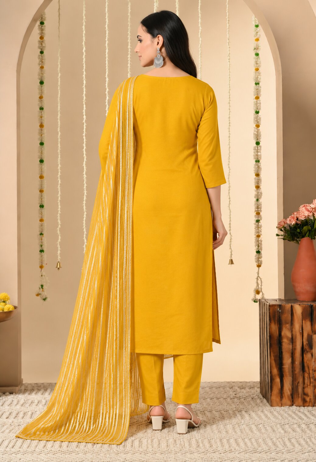 Mustard Yellow Chanderi Silk Embroidered Kurta Set with Organza Dupatta