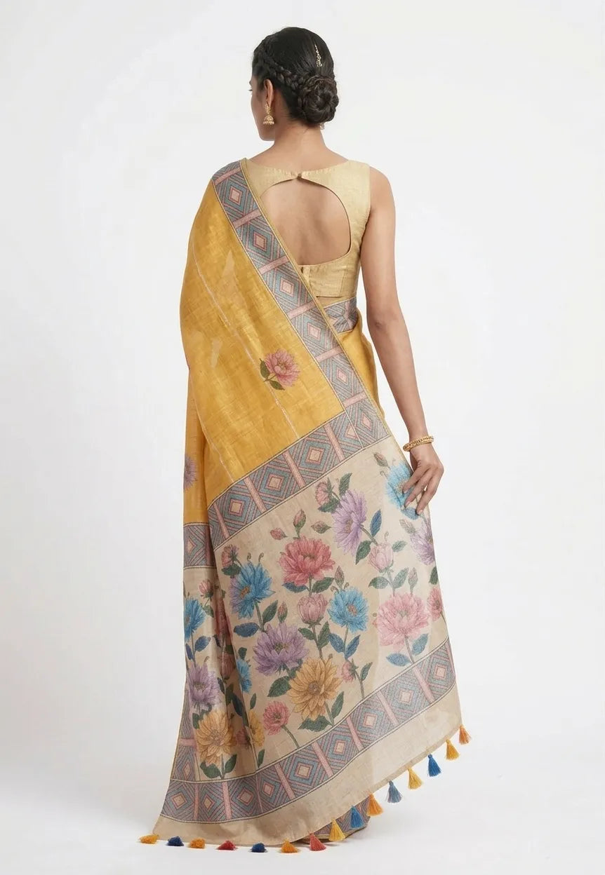Women Mustard Yellow & Beige Floral Printed Pure Cotton Saree