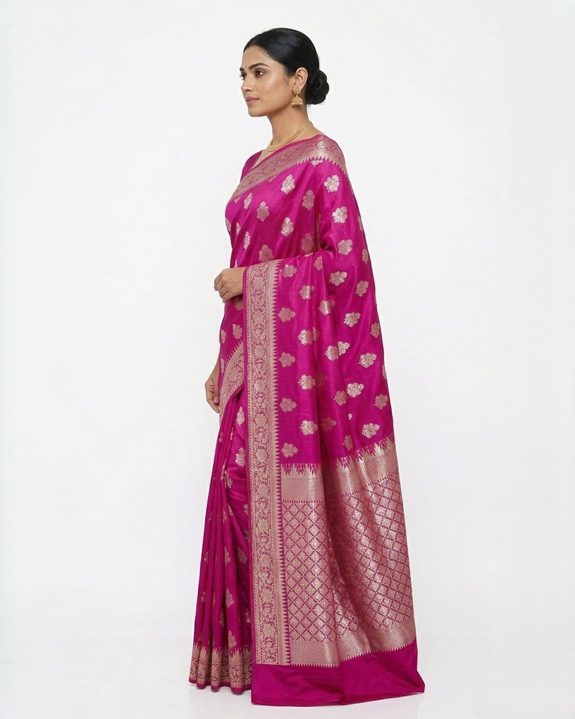 Pink & Silver-Toned Silk Blend Zari Woven Design Banarasi Saree