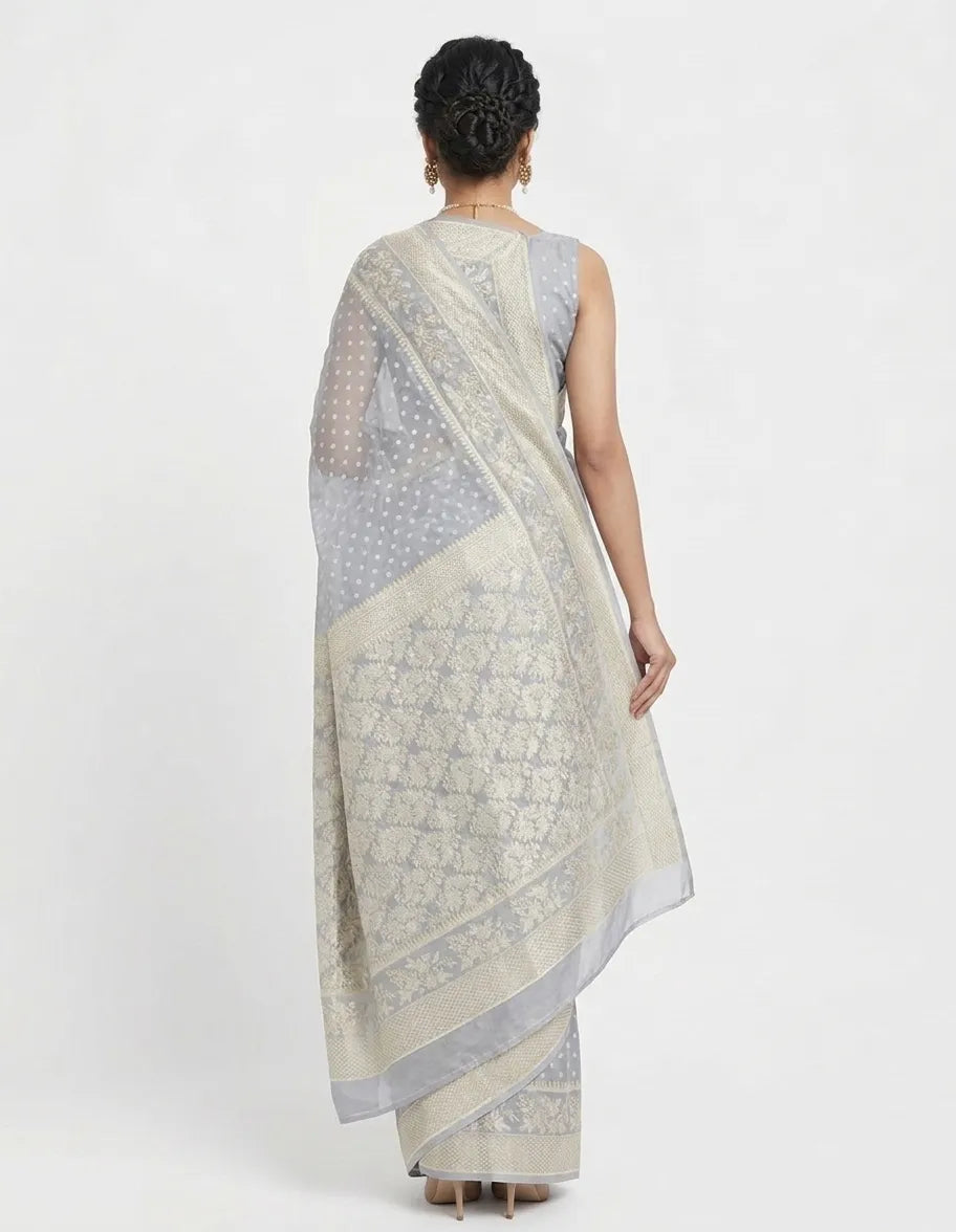 Grey & Off-White Floral Woven Design Organza Banarasi Saree with Unstitched Blouse