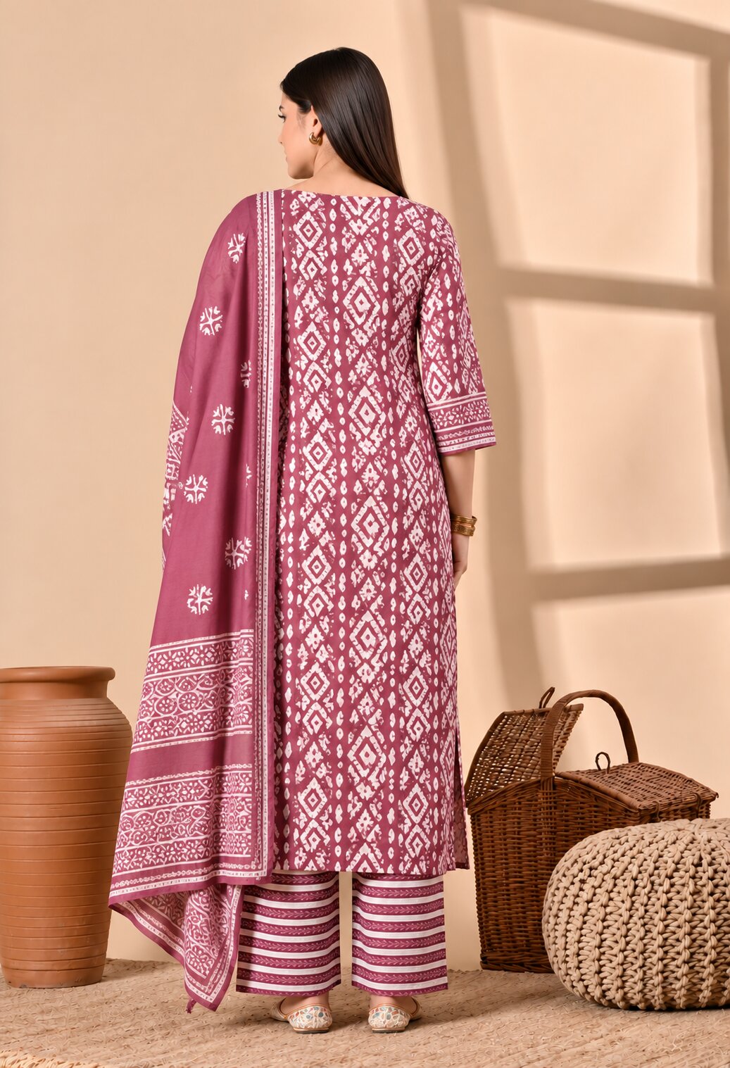 Mauve Pink Cotton Printed Suit Set with Matching Cotton Dupatta for Women