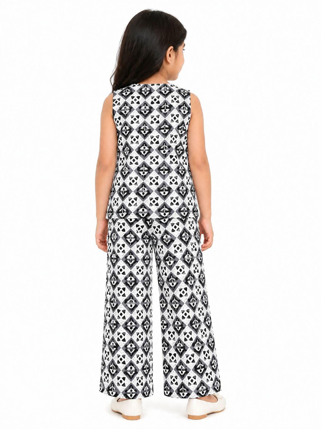 Girls Pure Cotton Monochrome Geometric Print Vest Style Crop Top and Wide-Leg Trousers Co-Ord Set