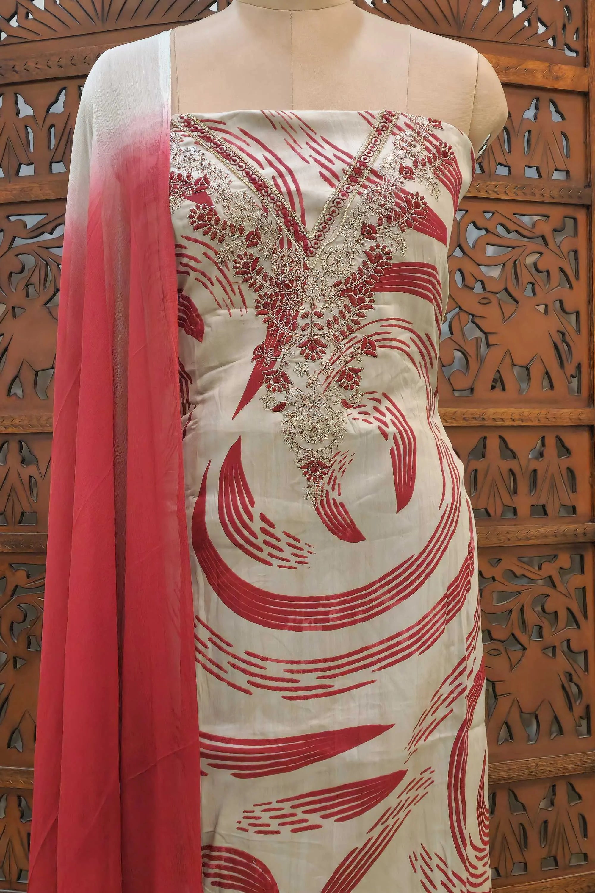 Women Cream & Red Printed Unstitched Cotton Dress Material with Embroidered Neckline