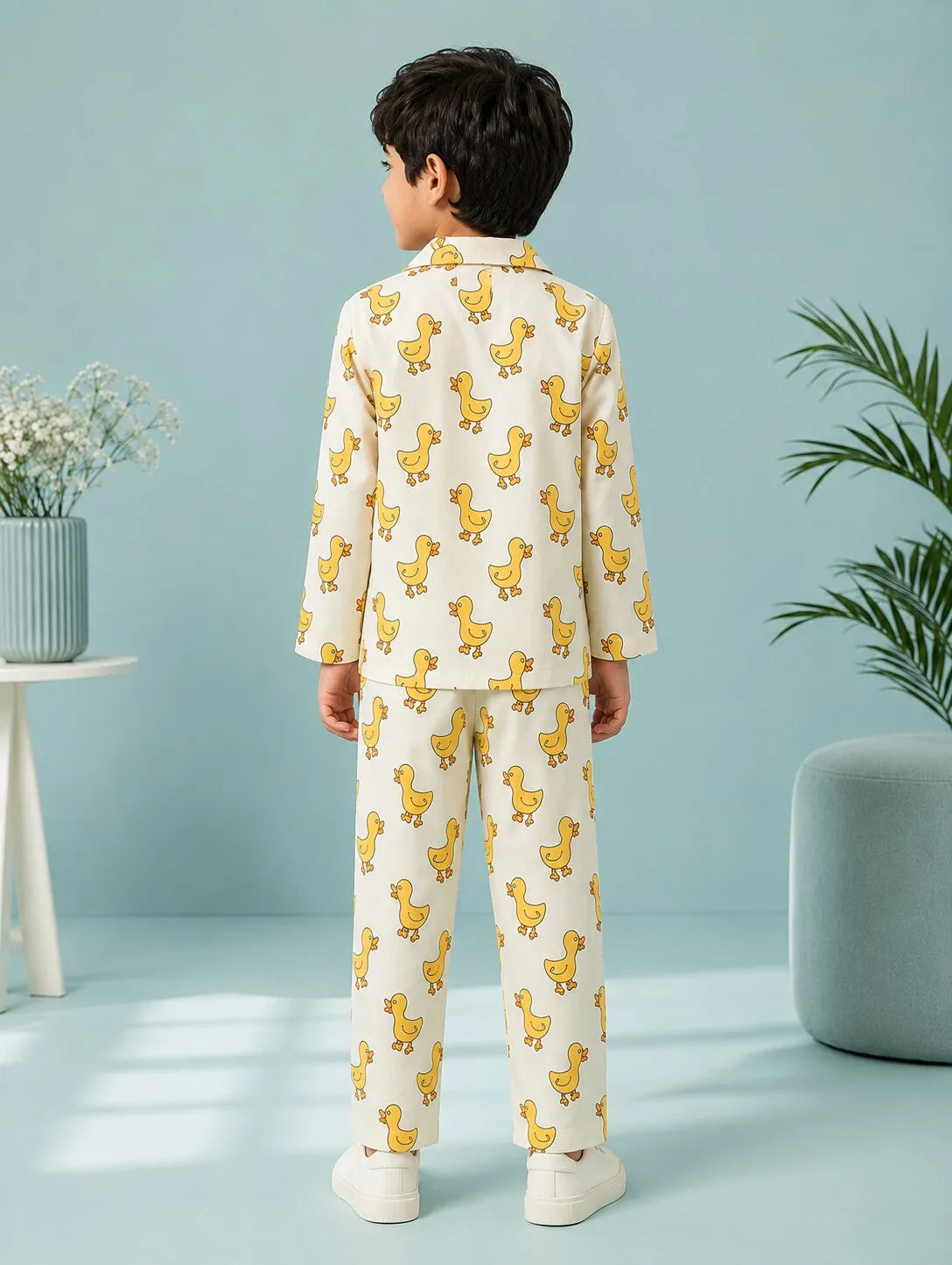 Boys Off-White & Yellow Satin Duck Printed Nightsuit