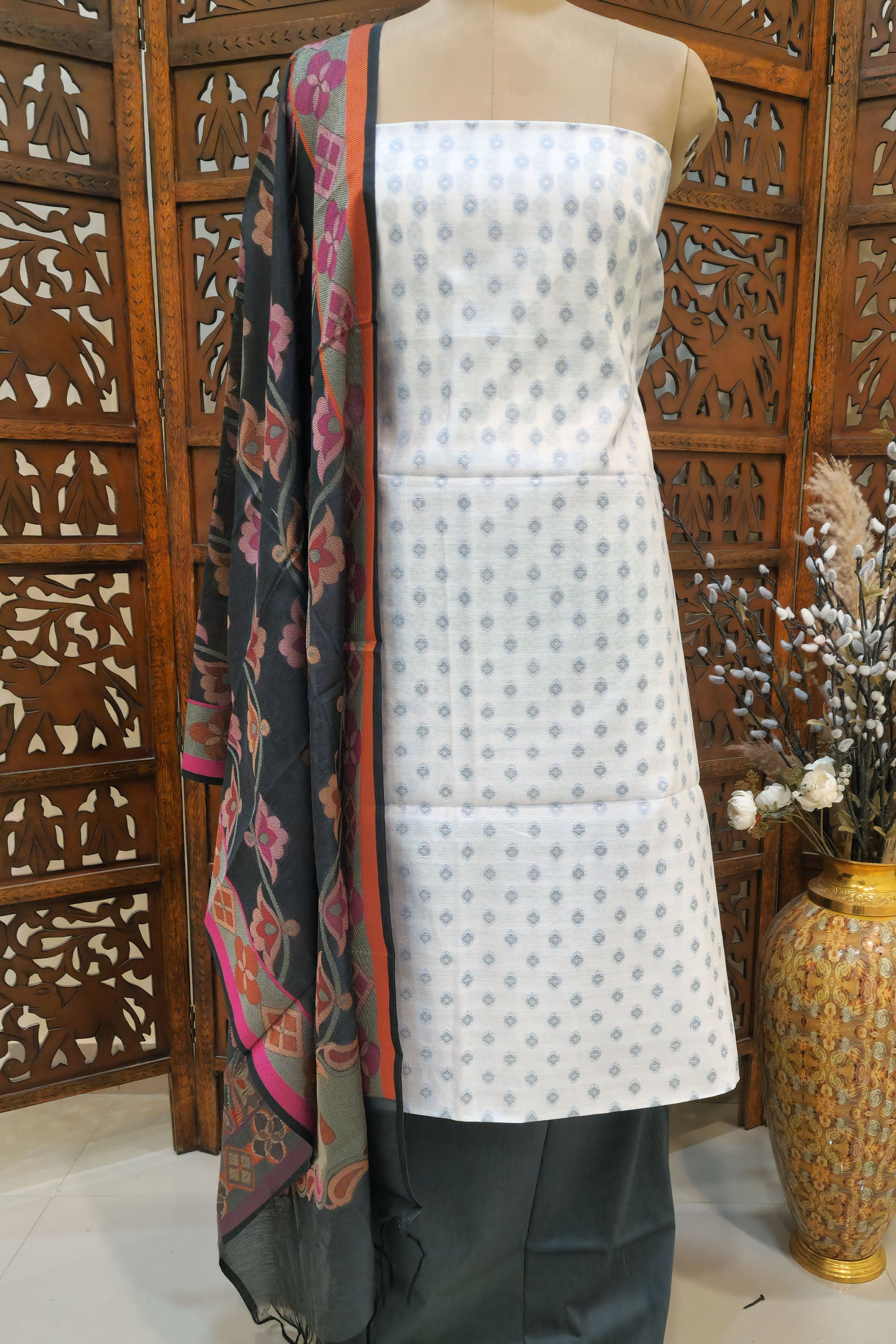 Women Off-White & Charcoal Grey Silk Blend Unstitched Dress Material with Floral Woven Dupatta