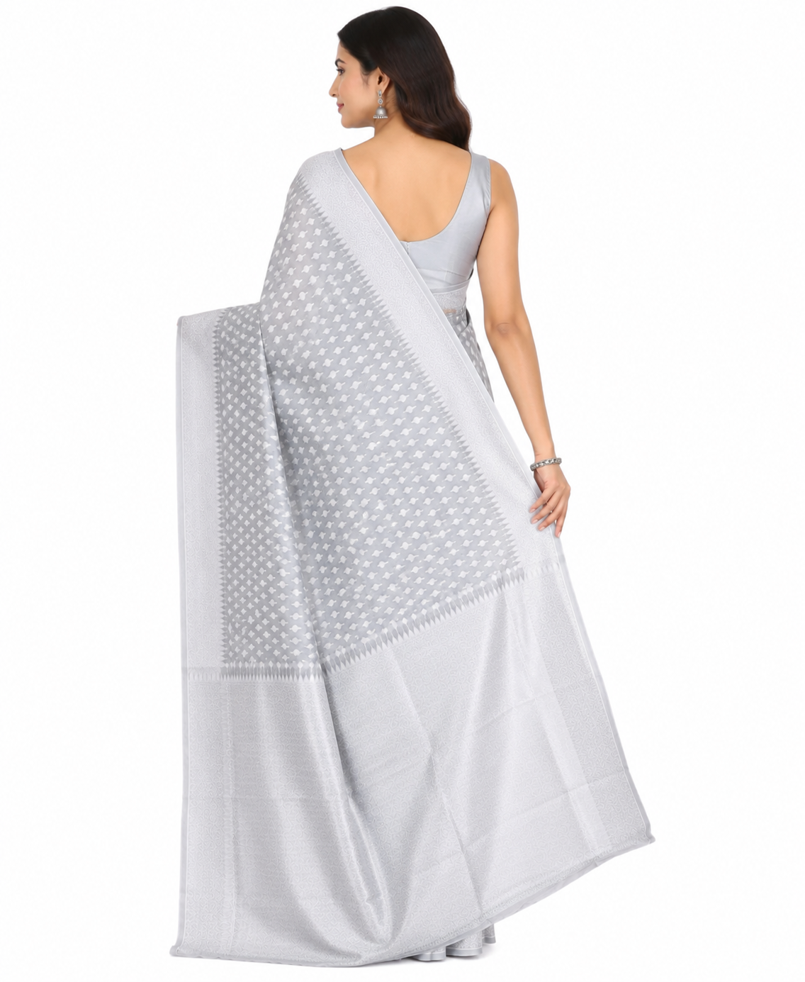 Grey & Silver-Toned Woven Design Banarasi Silk Saree with Unstitched Blouse Piece