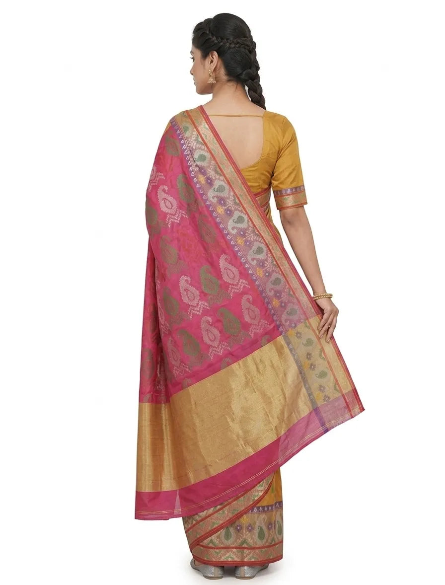 Women Mustard Yellow & Pink Printed Chanderi Silk Saree with Unstitched Blouse