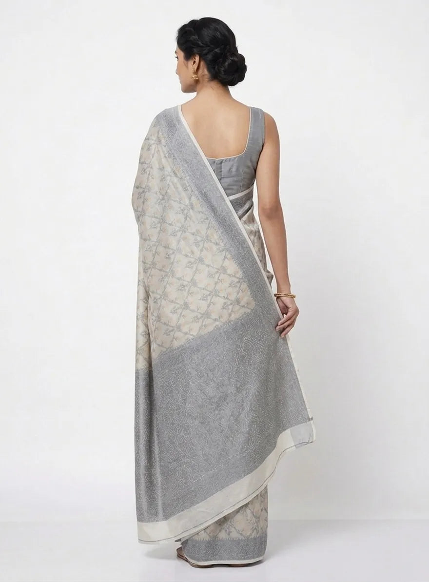 Grey & Off-White Woven Design Silk Blend Saree with Zari Border