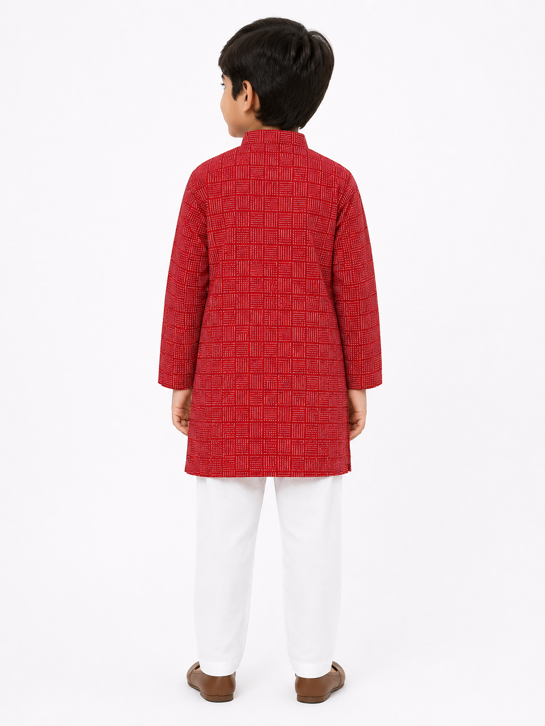 Boys Red & White Geometric Printed Pure Cotton Kurta with Pyjamas