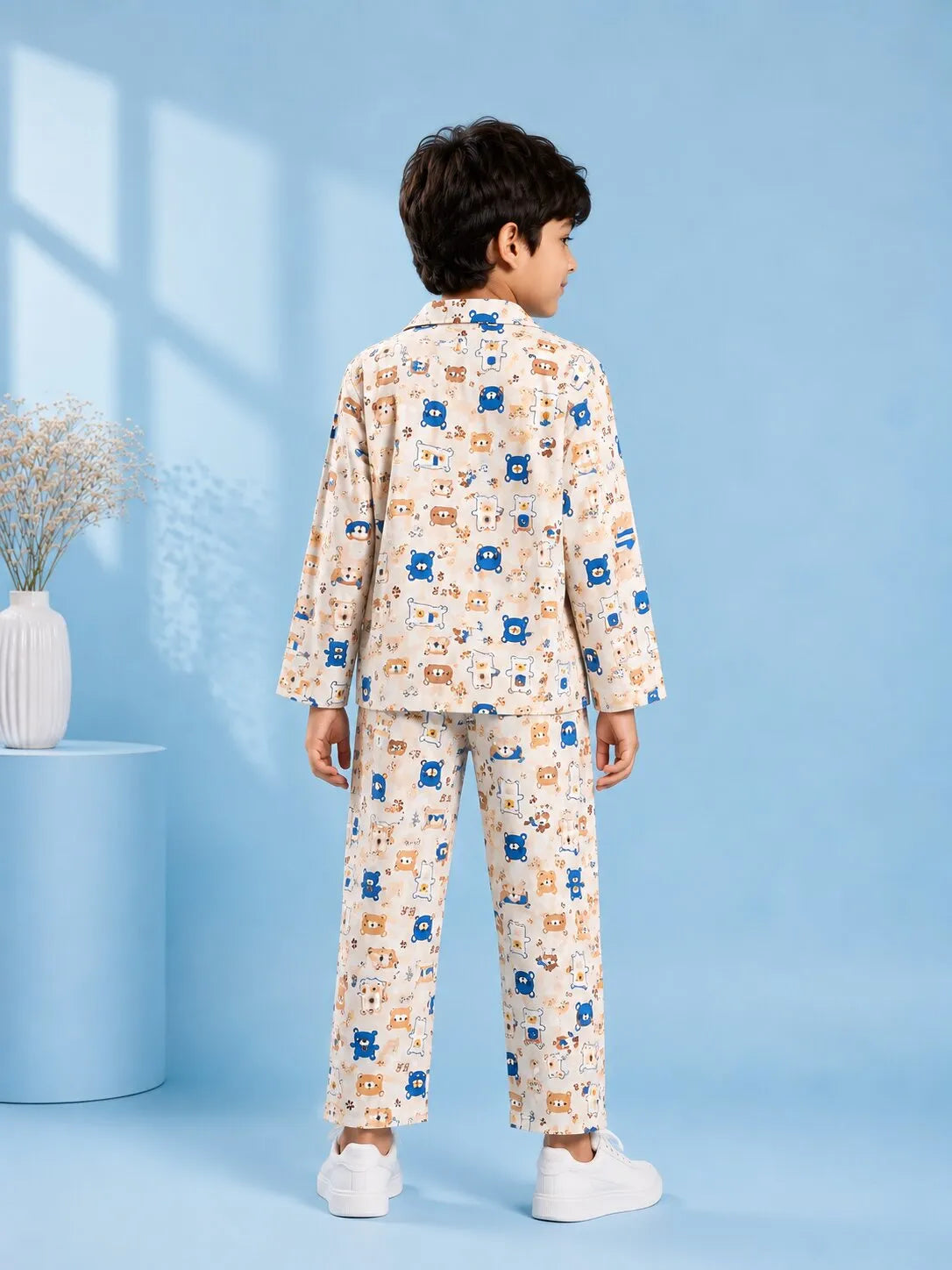 Boys' Bear Print Luxury Satin Night Suit – Full Sleeve Shirt & Pajama Sleepwear Set