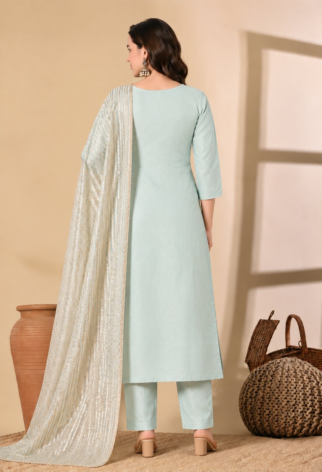 Mint Green Chanderi Silk Embroidered Suit Set with Dupatta