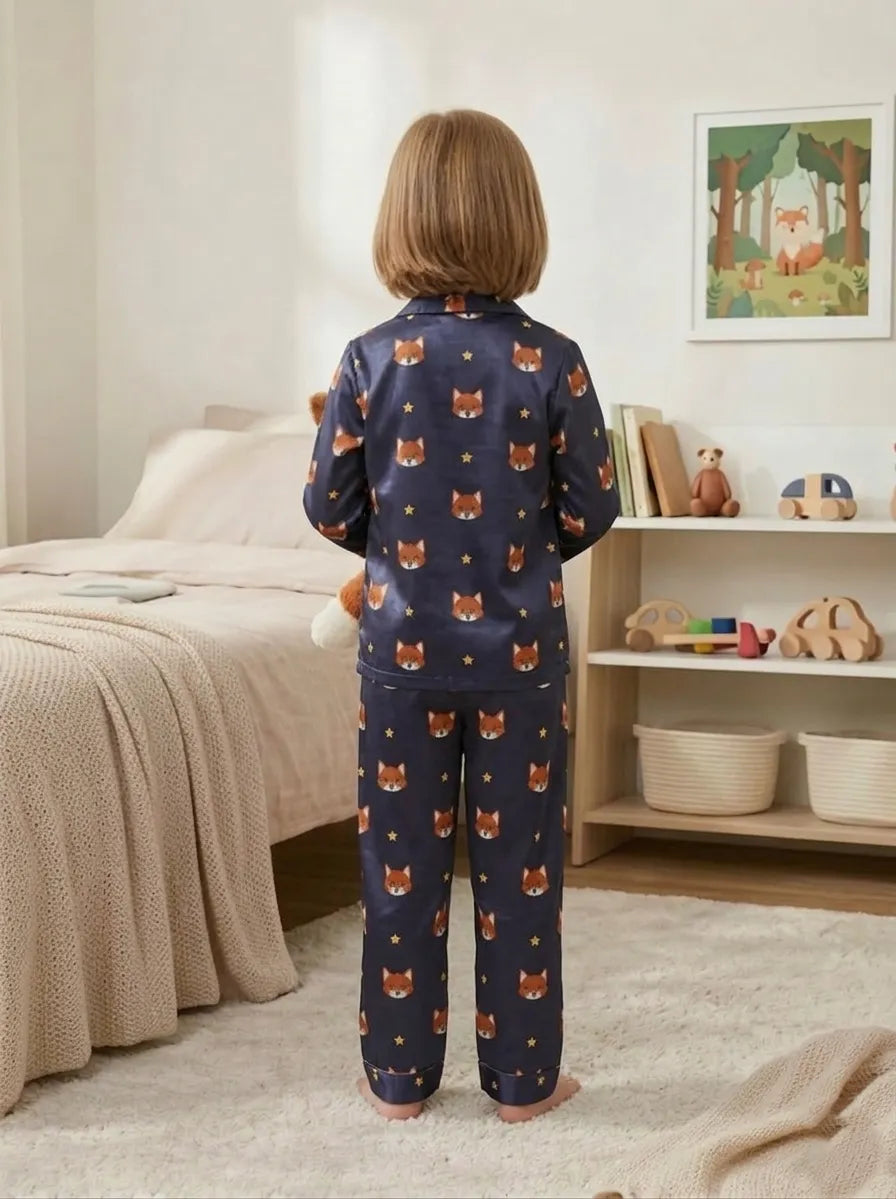 Kids Navy Blue Fox Print Satin Pajama Set