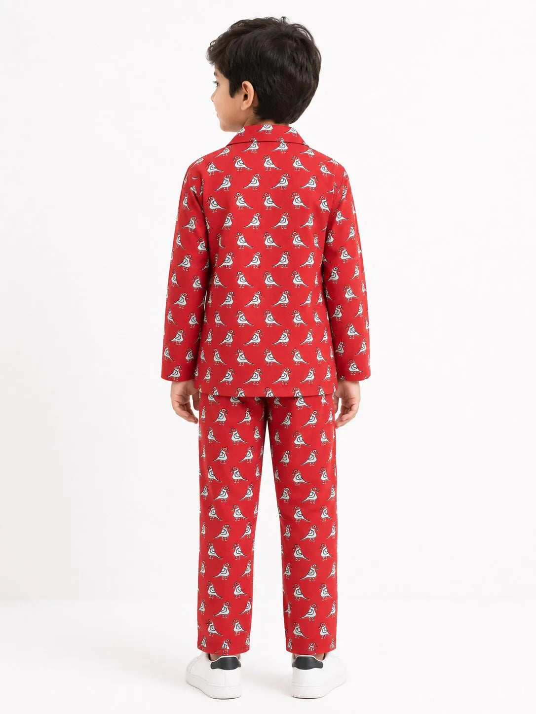 Boys Red & White Bird Print Cotton Night Suit