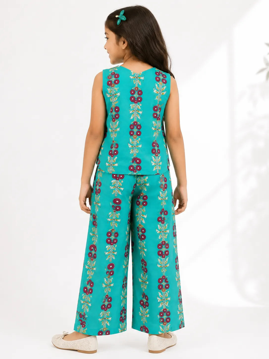 Girls Turquoise Blue Floral Printed Co-ord Set - Sleeveless Waistcoat Top & Wide-Leg Trousers