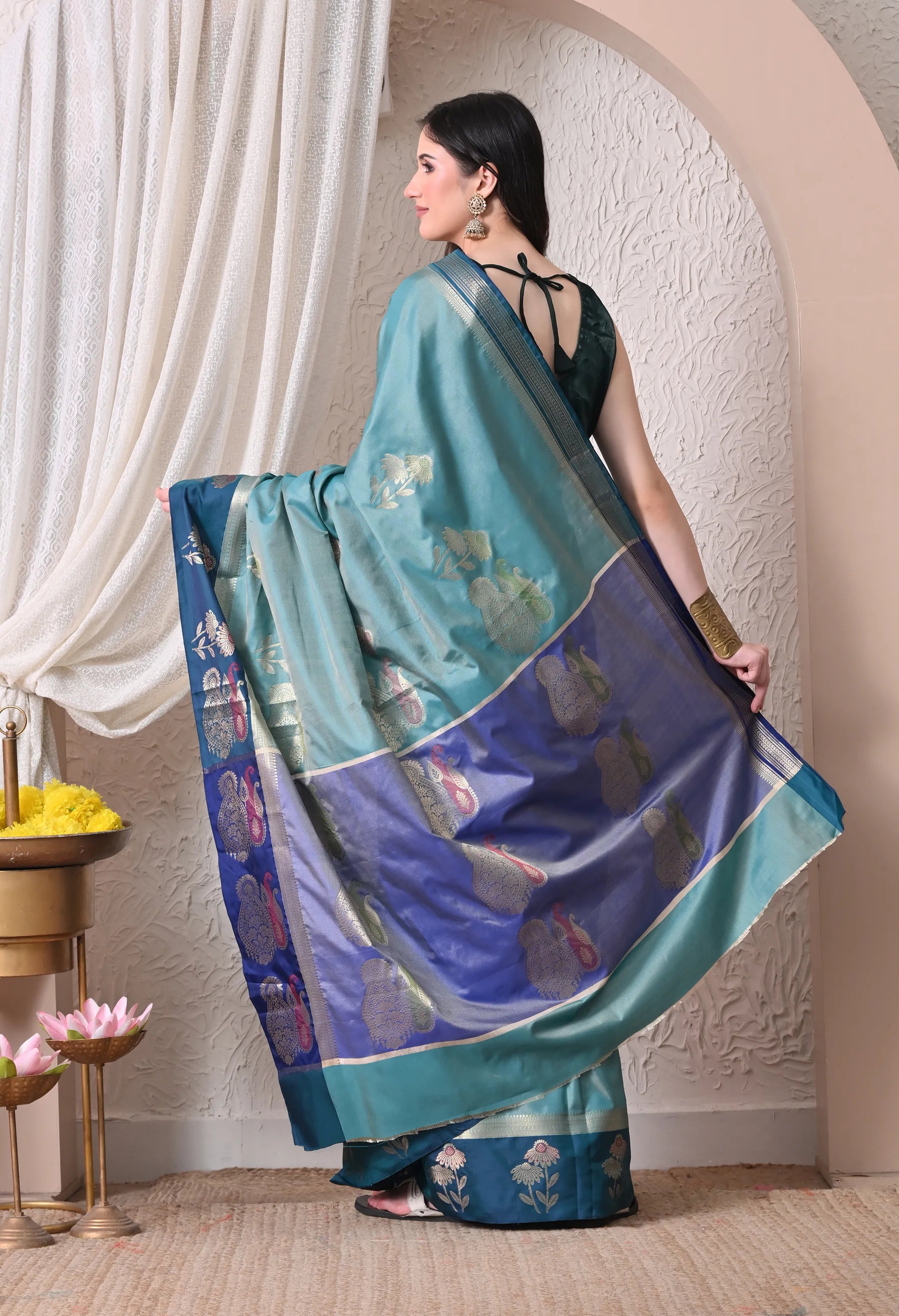 Sophisticated Sea Green and Peacock Blue Silk Blend Saree