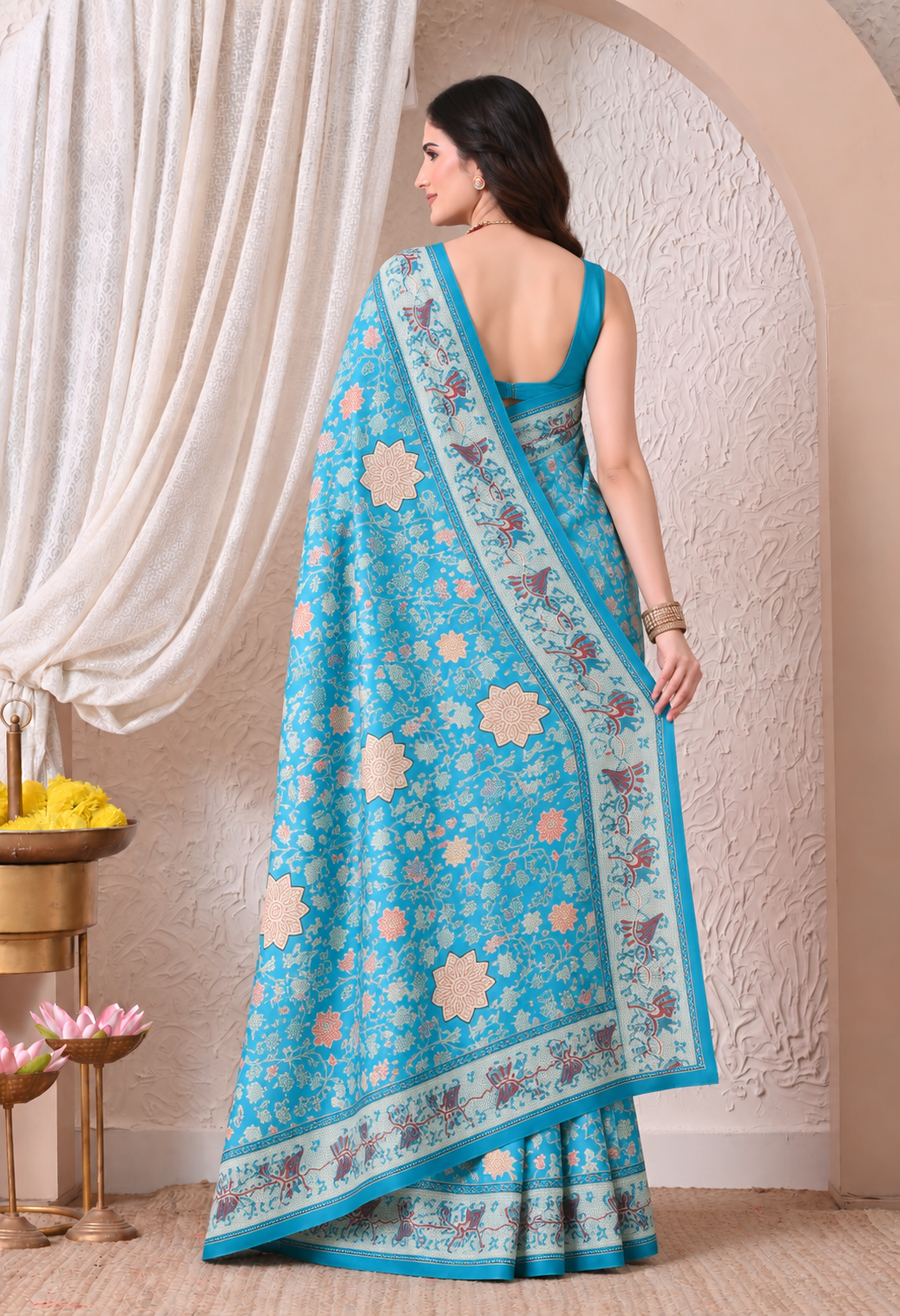 Elegant Turquoise Blue Chiffon Saree with Floral Print