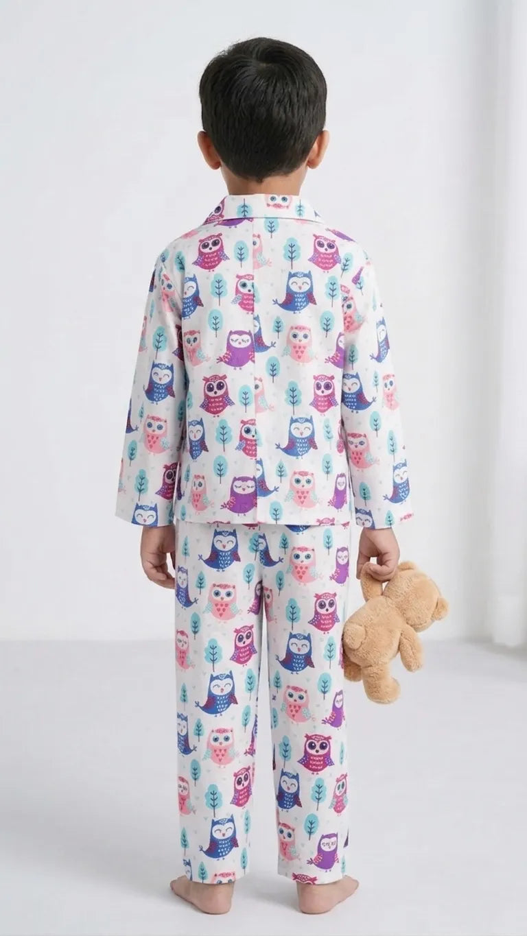 Kids' White & Purple Owl Print Pure Cotton Night Suit