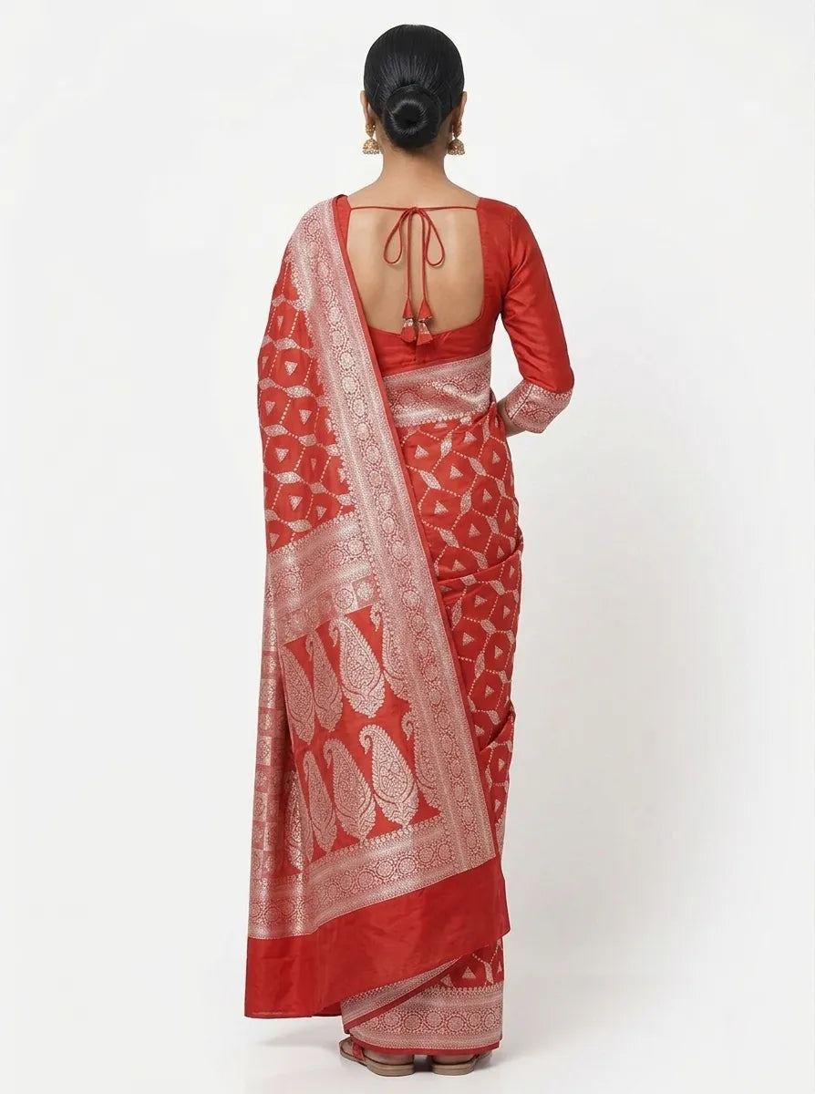 Women Red & Gold-Toned Geometric Woven Design Banarasi Saree