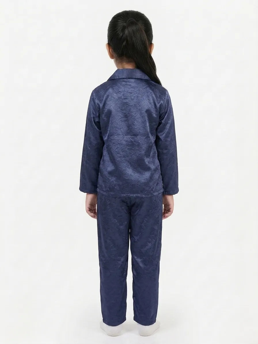 Girls Navy Blue Luxury Satin Night Suit Set – Smooth Full-Sleeve Shirt & Relaxed Pyjamas