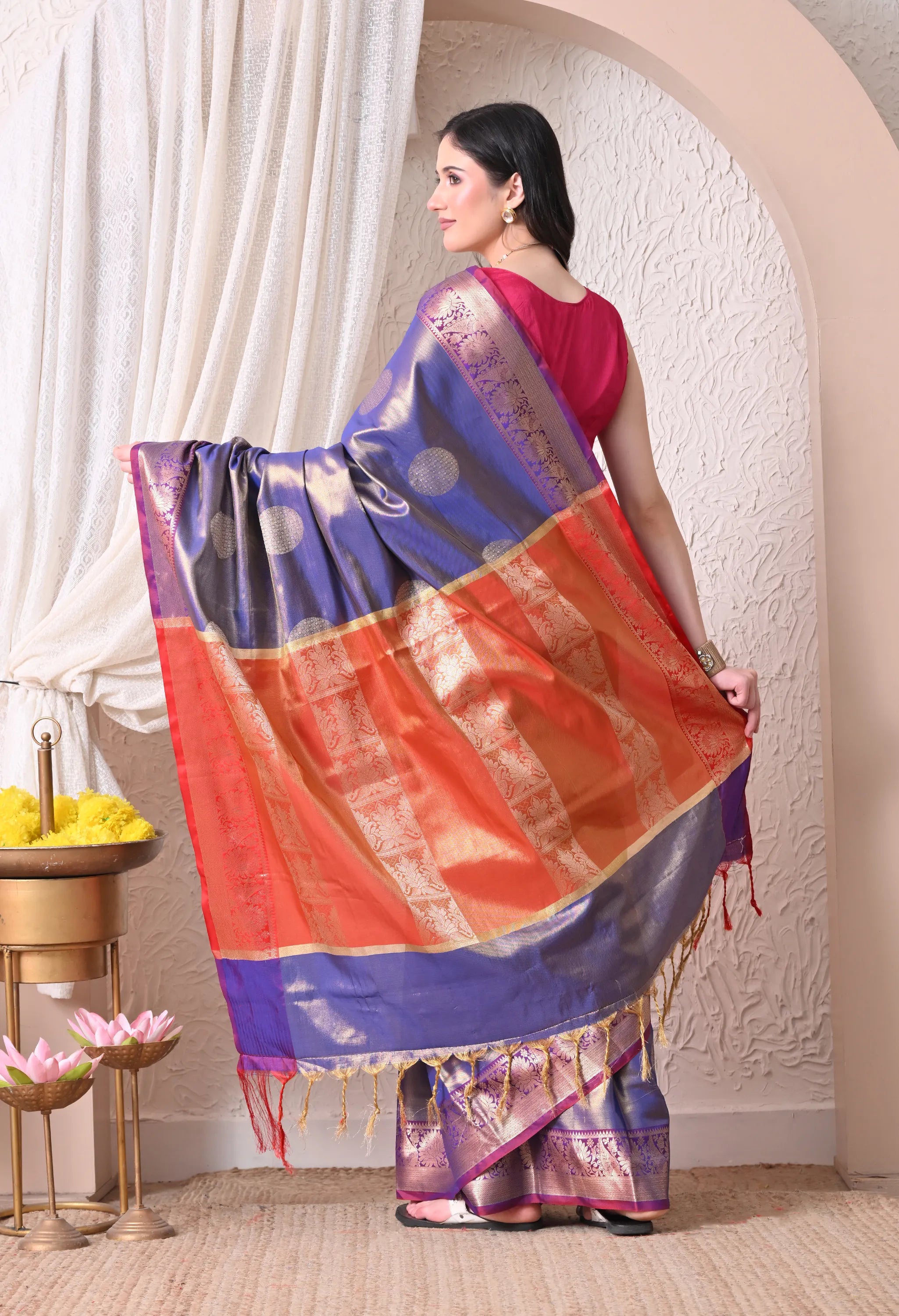 Regal Royal Blue Silk Blend Saree with Contrast Border and Golden Zari Details